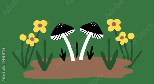 Charming flat vector illustration of two stylized mushrooms with vibrant yellow flowers, creating a serene and playful garden scene on a green background