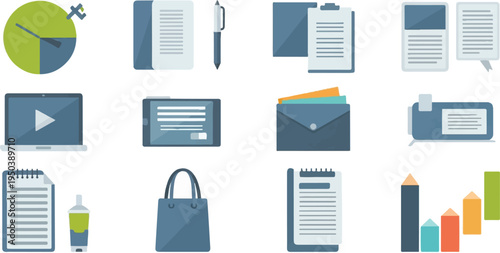 Collection of icons representing office supplies, data visualization, and personal items