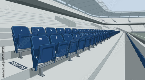 Empty stadium seats ready for a football world cup match, with numbered chairs in blue, awaiting spectators for the global sporting event