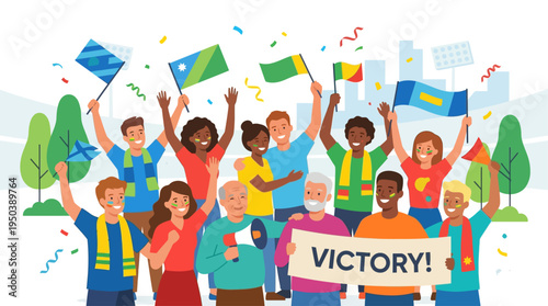 Excited diverse crowd celebrating a football world cup victory with flags and confetti, illustration