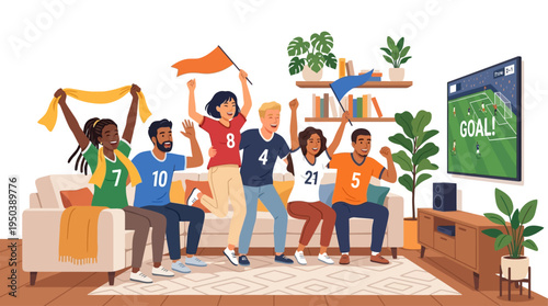 Diverse friends cheer excitedly, celebrating a crucial goal during an exhilarating football world cup match watched on television from the comfort of their modern living room
