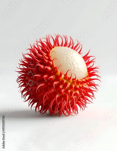 Close-up of a Fresh and Vibrant Rambutan Fruit on White.