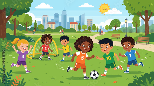 International youth united by the joy of football in a vibrant park, playfully emulating World Cup heroes and fostering global sportsmanship