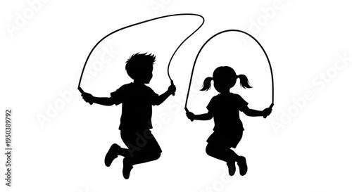 Children jumping rope together silhouette vector illustration of fitness and childhood play