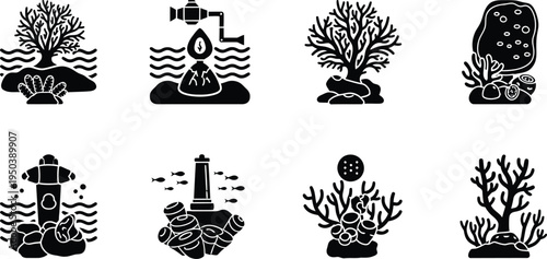 Eight black and white illustrations of various underwater ocean scenes with seaweed and man made objects