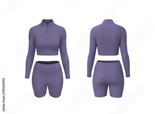 Women’s Half Zip Tracktop and Shorts Set Mockup. Front, Side, Back View