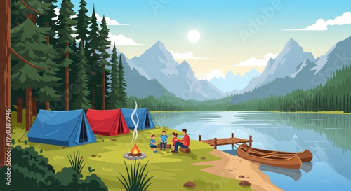 Camping scene with colorful tents campfire canoe on serene lake shore with majestic mountains in background under sunny sky