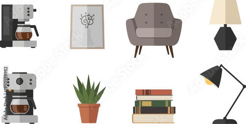 Flat design icons of coffee makers, armchair, potted plant, books, lamps, and art
