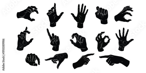 Collection of various hand gesture multiple style silhouettes in black and white