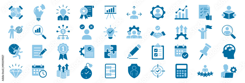 Obraz premium Management and business solid icon set with leadership, planning, analytics, checklist, workflow, finance, and productivity symbols on transparent background