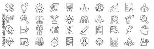Business management line icon set with strategy, team, growth, analytics, checklist, calendar, and productivity symbols on transparent background