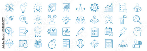 Business management line icon set with strategy, team, growth, analytics, checklist, calendar, and productivity symbols on transparent background