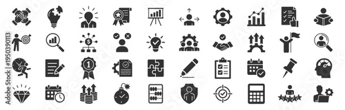 Management leadership and organization line icon set with team, workflow, process, strategy, project planning, and corporate administration symbols on transparent background