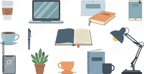 Desktop items laptop, books, coffee cup, pen, plant, lamp, tablet