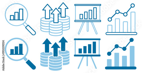 Financial analytics outline icons with chart search, growth coins arrows, presentation board report, line and bar data graphs collection on transparent background