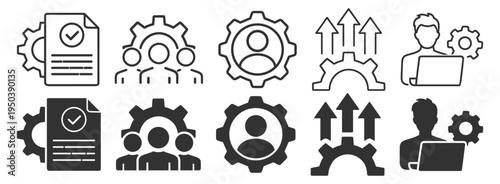 Business management icons collection with document settings, team organization, user gear, growth arrows and developer laptop outline icons on transparent background