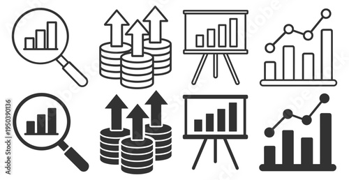 Business analytics icons collection with chart search, financial growth coins, presentation board graph, line and bar data statistics outline icons on transparent background