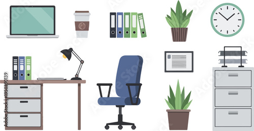 Flat design office desk and furniture, organized for productivity