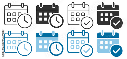 Calendar schedule icon set with time clock and check mark symbols, line and solid interface elements for event planning and reminder management on transparent background