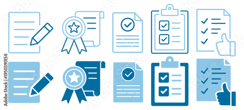 Business document and certificate icons with checklist, approval and clipboard symbols, office paperwork verification and report management interface set on transparent background