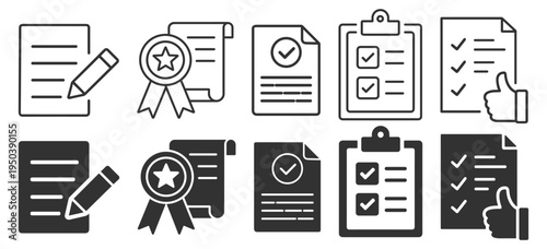 Document and checklist icon set with certificate, approval, clipboard and report symbols, office verification and business paperwork line and solid icons on transparent background