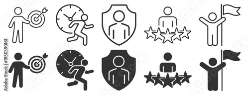 Business goal achievement icons collection with target strategy, running time management, security shield, rating stars and winner flag outline icons on transparent background
