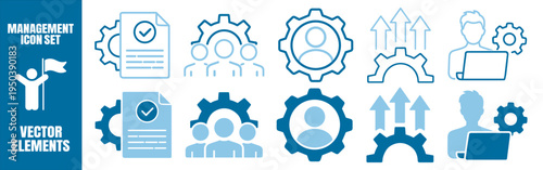 Management leadership and organization line icon set with team, workflow, process, strategy, project planning, and corporate administration symbols on transparent background