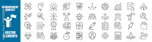 Management leadership and organization line icon set with team, workflow, process, strategy, project planning, and corporate administration symbols on transparent background