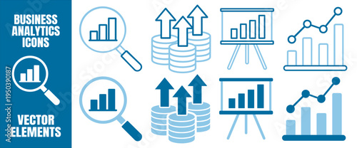 Business analytics icon set with charts, graphs, data analysis and financial growth symbols, statistics and reporting vector elements on transparent background