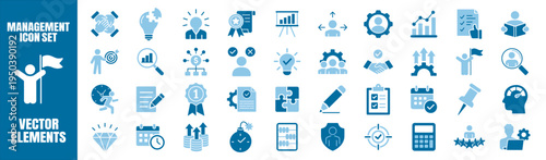Business management icon set with leadership, strategy, analytics, teamwork and planning symbols, corporate workflow and productivity vector elements on transparent background