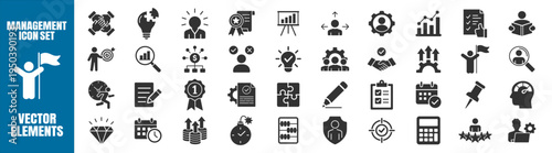 Business management icon set with leadership, strategy, analytics, teamwork and planning symbols, corporate workflow and productivity vector elements on transparent background