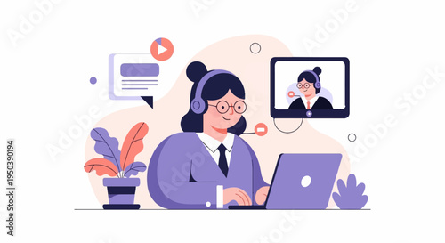 Person in headset at laptop, video call with another person