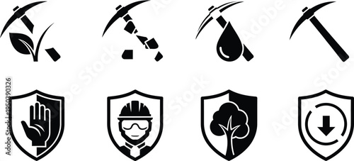 Collection of mining and protection icons in black and white