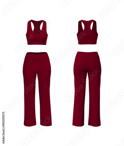 Women’s Racerback Sports Bra and Baggy Leggings Gym Wear Set. Front, side and back view. 3d rendering, 3d illustration