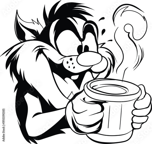 Cartoon Cat with Coffee Mug