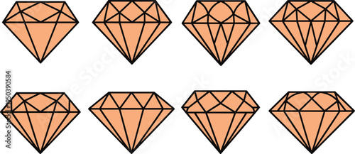 Vector illustration of stylized diamond shapes with geometric facets in peach color for decorative and gemstone design artwork