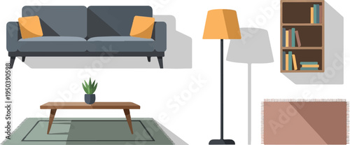 Cozy living room setup with sofa, coffee table, bookshelf, lamp, and rugs