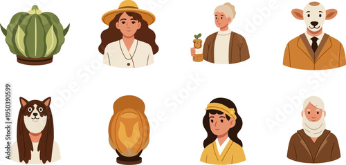 Diverse characters and objects in a playful, pixelated art style