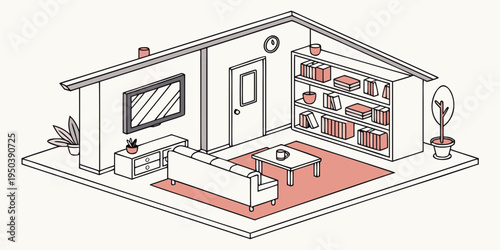 A detailed illustration of a modern living room with various furniture and decor items