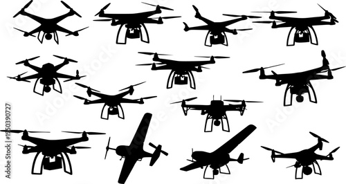 Flying Drone and Delivery Drone Silhouettes Vector Illustration