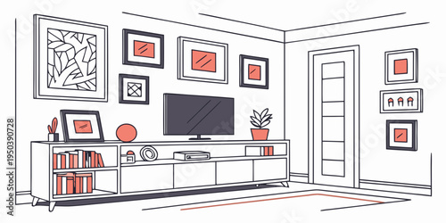 A modern living room with a television and various decorative items on the walls