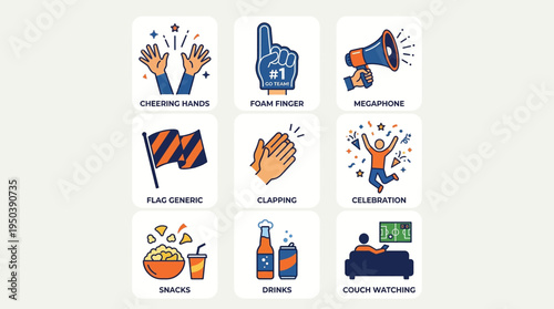 Ultimate Football World Cup Viewing Party Essentials Icons for Cheering, Snacks, Drinks, and Fan Celebration at Home