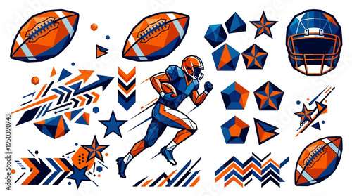 Bold geometric football design elements set, showcasing dynamic player action and competitive spirit, perfect for creating impactful visuals for a major world cup style event