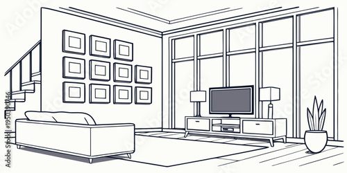 A modern living room with large windows and a cozy sofa