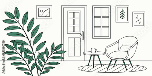 A cozy living room with a rocking chair and a potted plant near the door