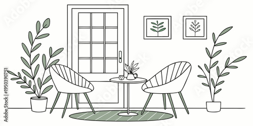 A cozy indoor setting with potted plants and a small table with chairs