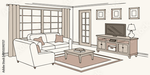 A cozy living room with a large window and comfortable furniture