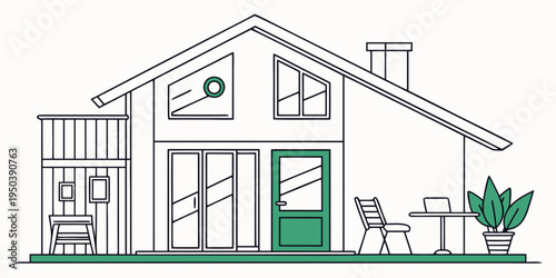 A charming house with a green door and a cozy outdoor seating area