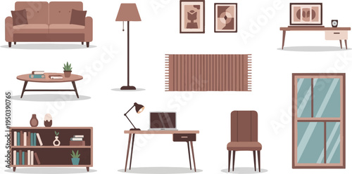 Collection of stylish furniture and home decor items in warm, muted tones