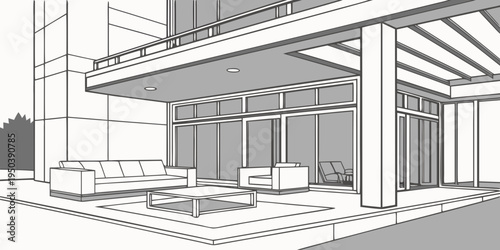 Modern living room with large windows and a balcony overlooking a garden